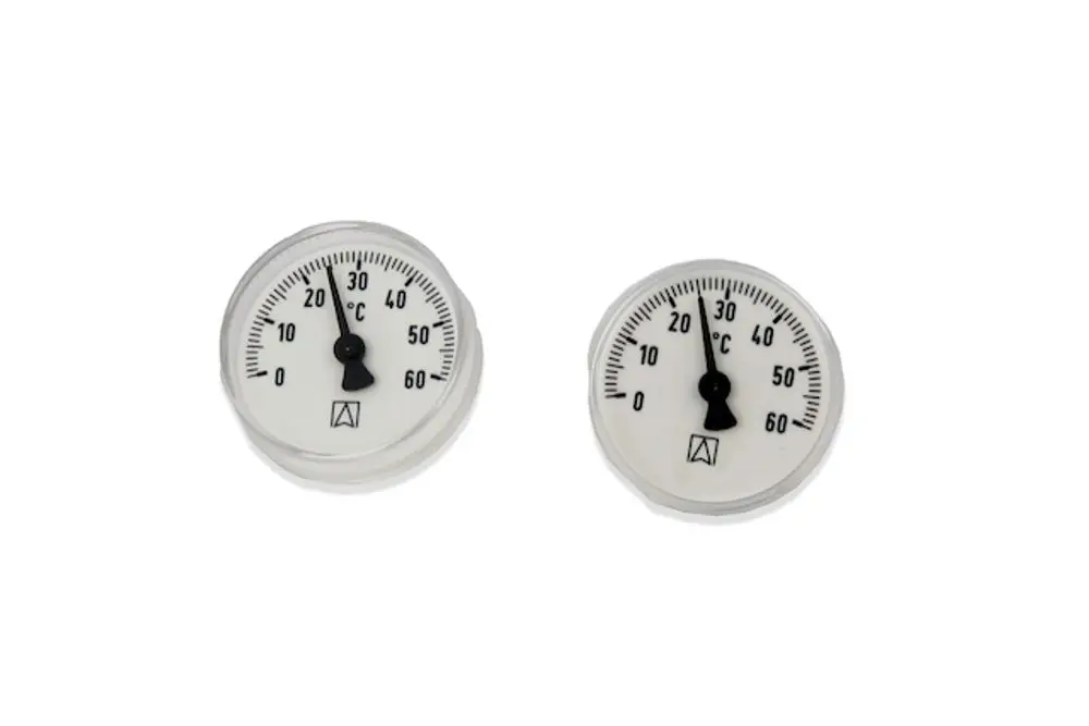 Thermometer-Set von Roth mit zwei analogen Anzeigen zur Temperaturmessung. Die Skalen reichen von 0 bis 60 °C.